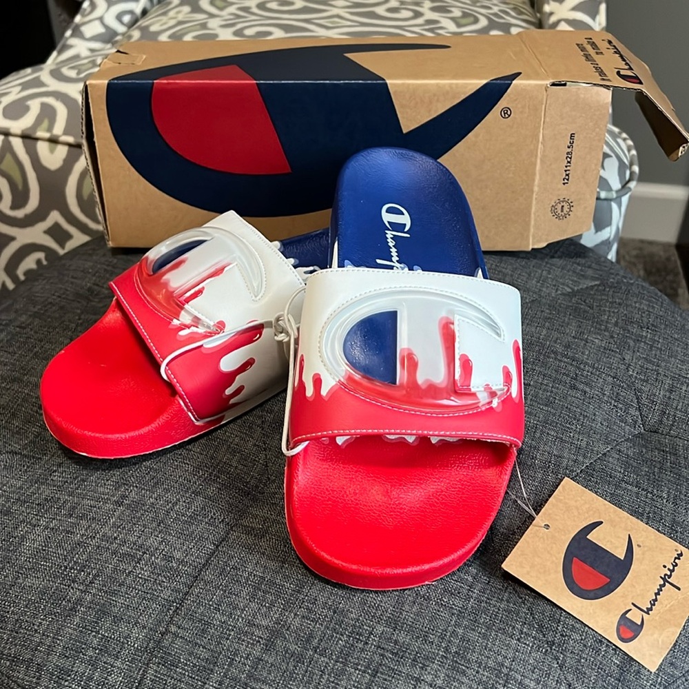 New with tags Mens Champion Slide Sandals  drip red white & blue  size 9